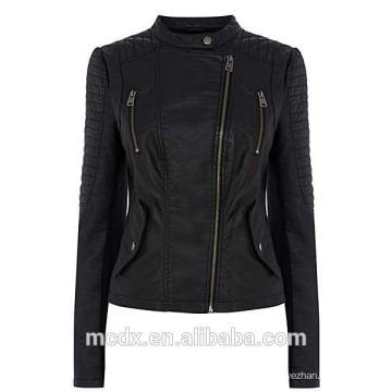 primavera damas chaqueta de cuero negro collarless